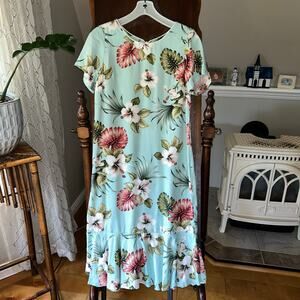 Paradise Bay Hibiscus Monstera Blue medium Hawaiian Amber Sleeve Midi Dress